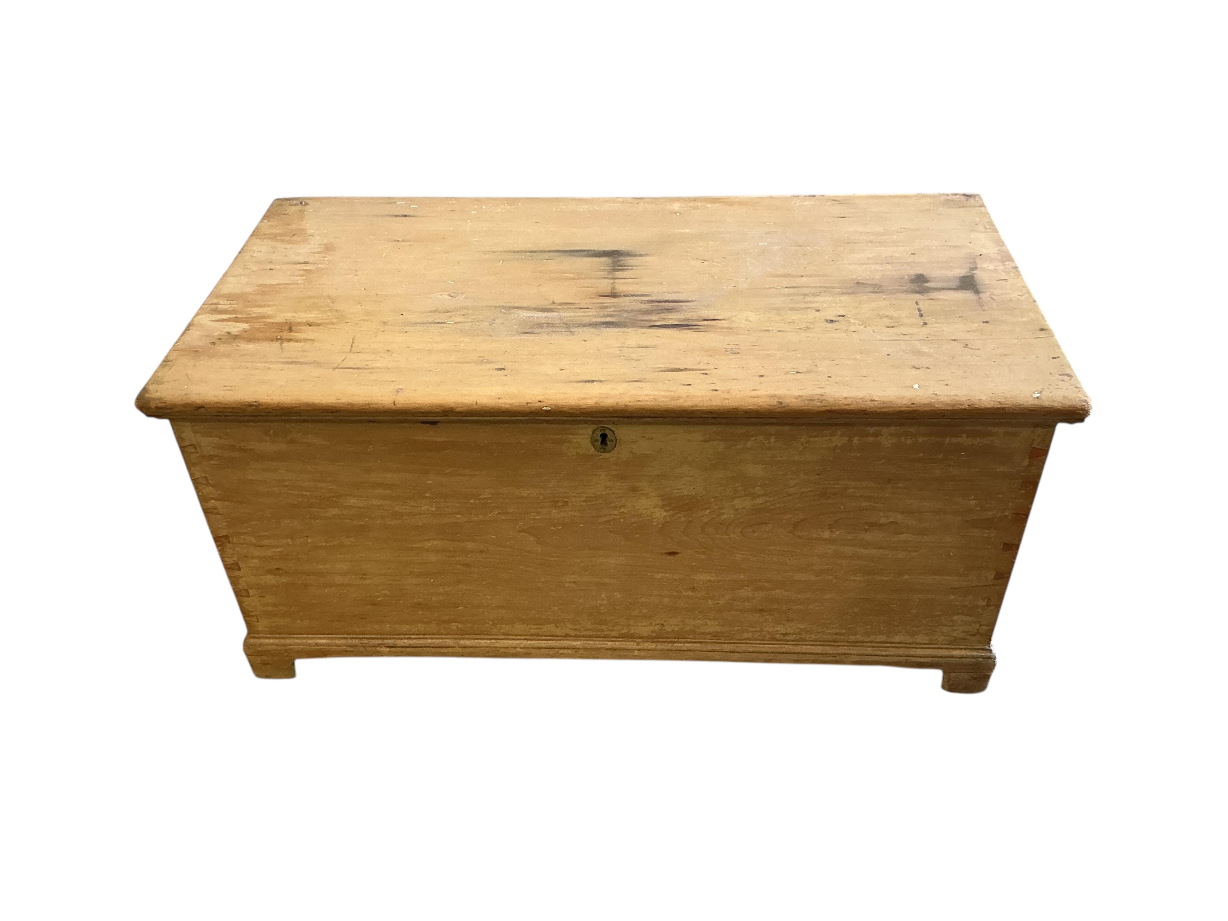 Two Victorian rectangular pine trunks, larger width 107cm, depth 52cm, height 50cm